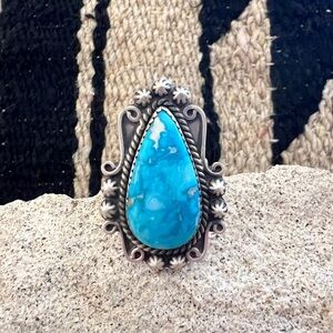 ❤️ White Water Turquoise Navajo Artisan Adjustable 1.39”L Ring 13.5G Brushed 925